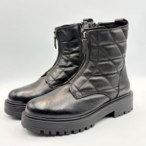 Alberto Torresi Black Quilted Leather Front Zip Combat Boots Lug Sole Womens 8.5